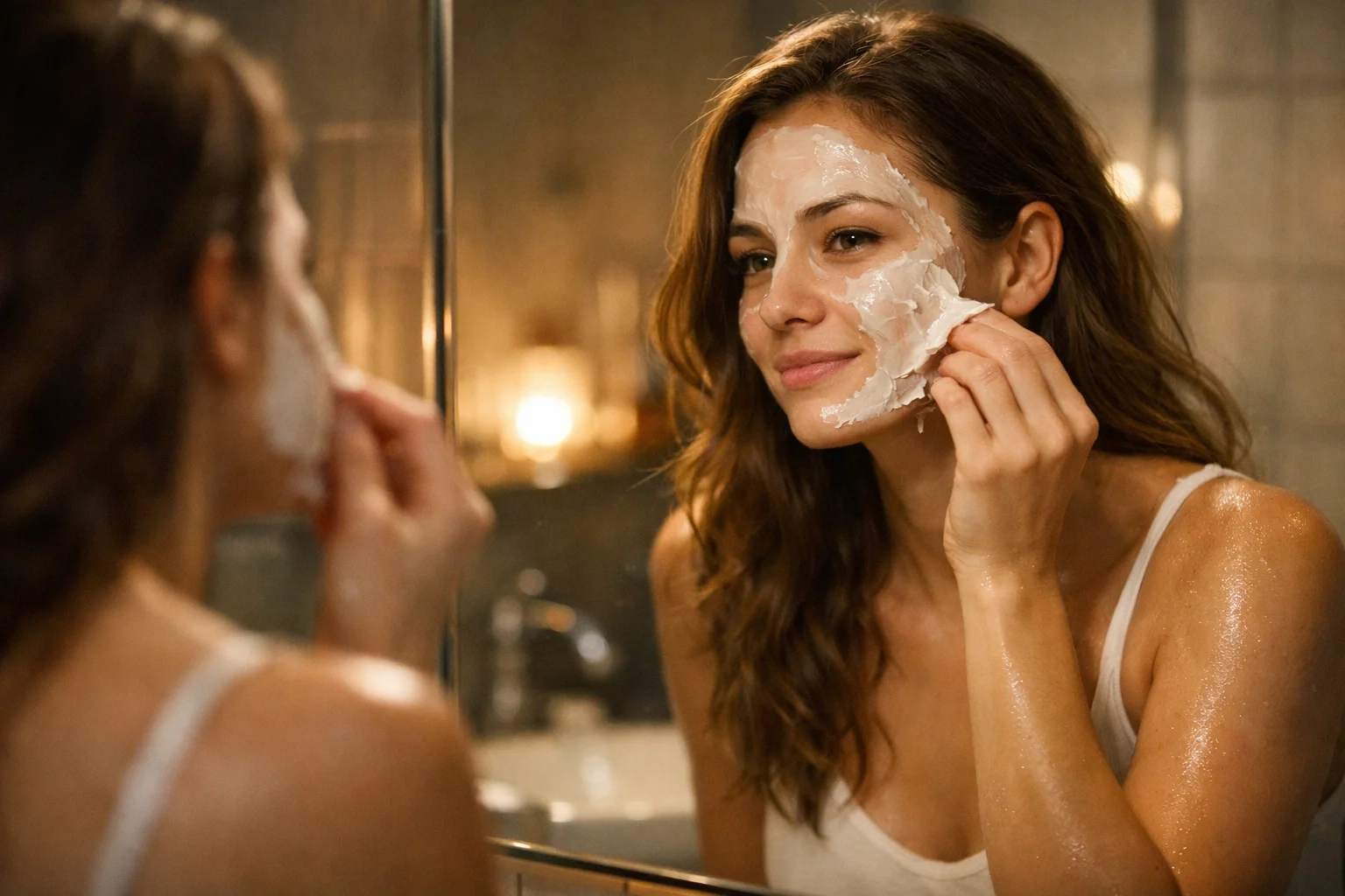Mujer castaña frente a un espejo retirando su mascarilla de noche